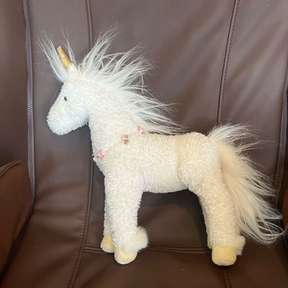 Douglas Toys White Unicorn 14 In Plush Sparkly Mane Pink Rosebud Wreath EUC - Picture 2 of 5
